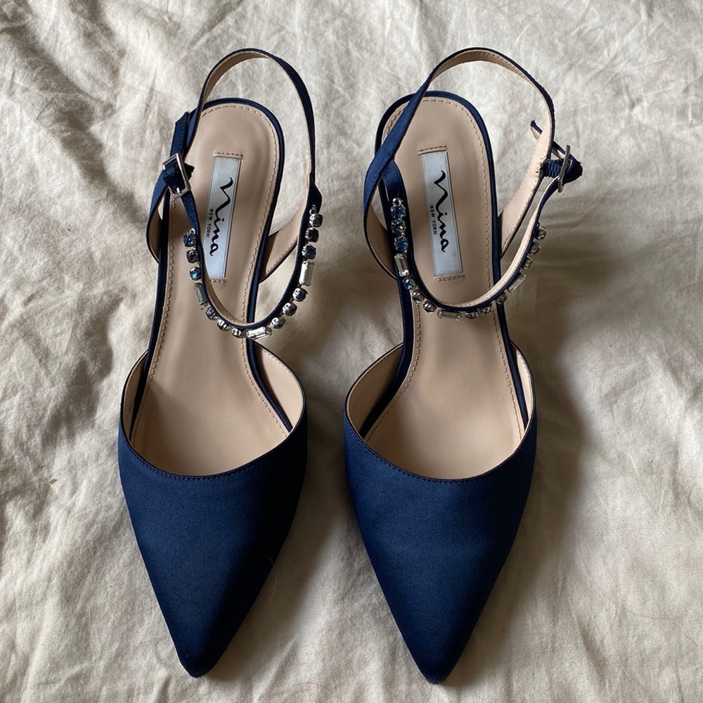 Nina Tucker, New Navy-Luster Satin heels, size 9.5